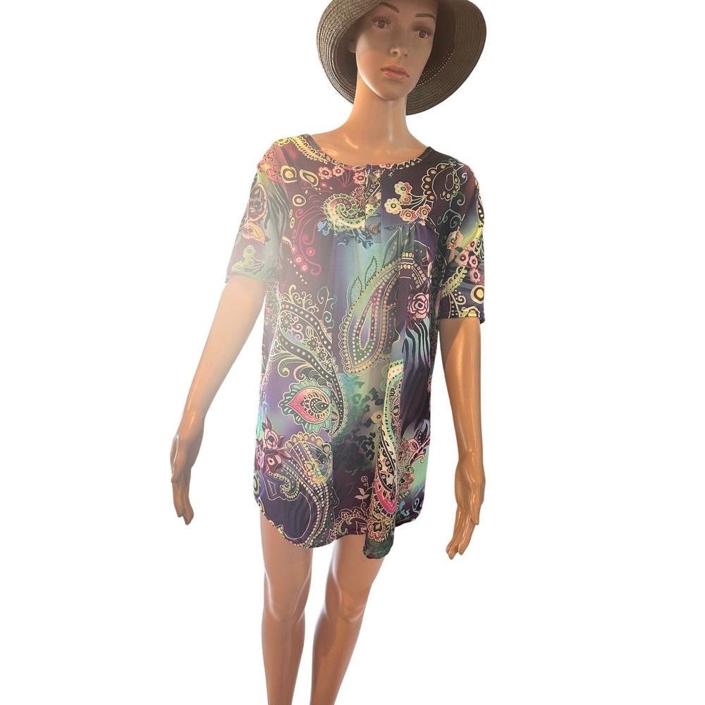 Unbranded Women XXL Paisley Floral Tunic Top Short Sleeve Multi-Color Boho B104‎